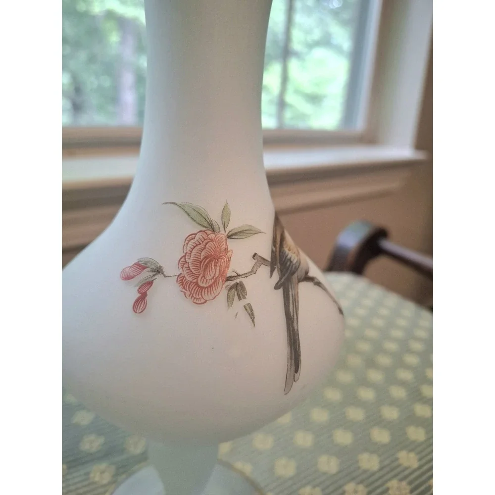 Vintage White Frosted Glass Vase Bird Flower Motif Gold Rim 10